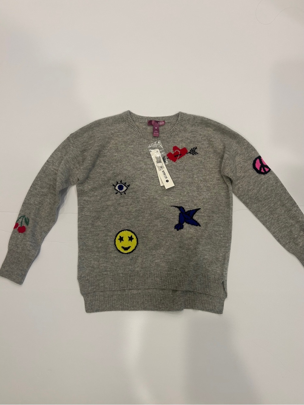 Aqua Gray Crewneck Sweater with Colorful Embroidered Patches